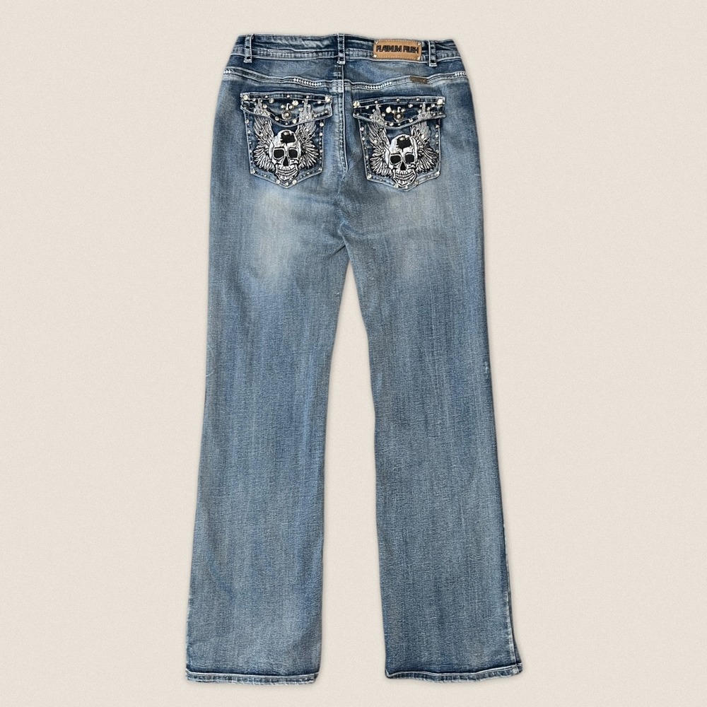Platinum Plush Y2K Bootcut Jeans Skull Angel Wings Rhinestone Studded Size 15
